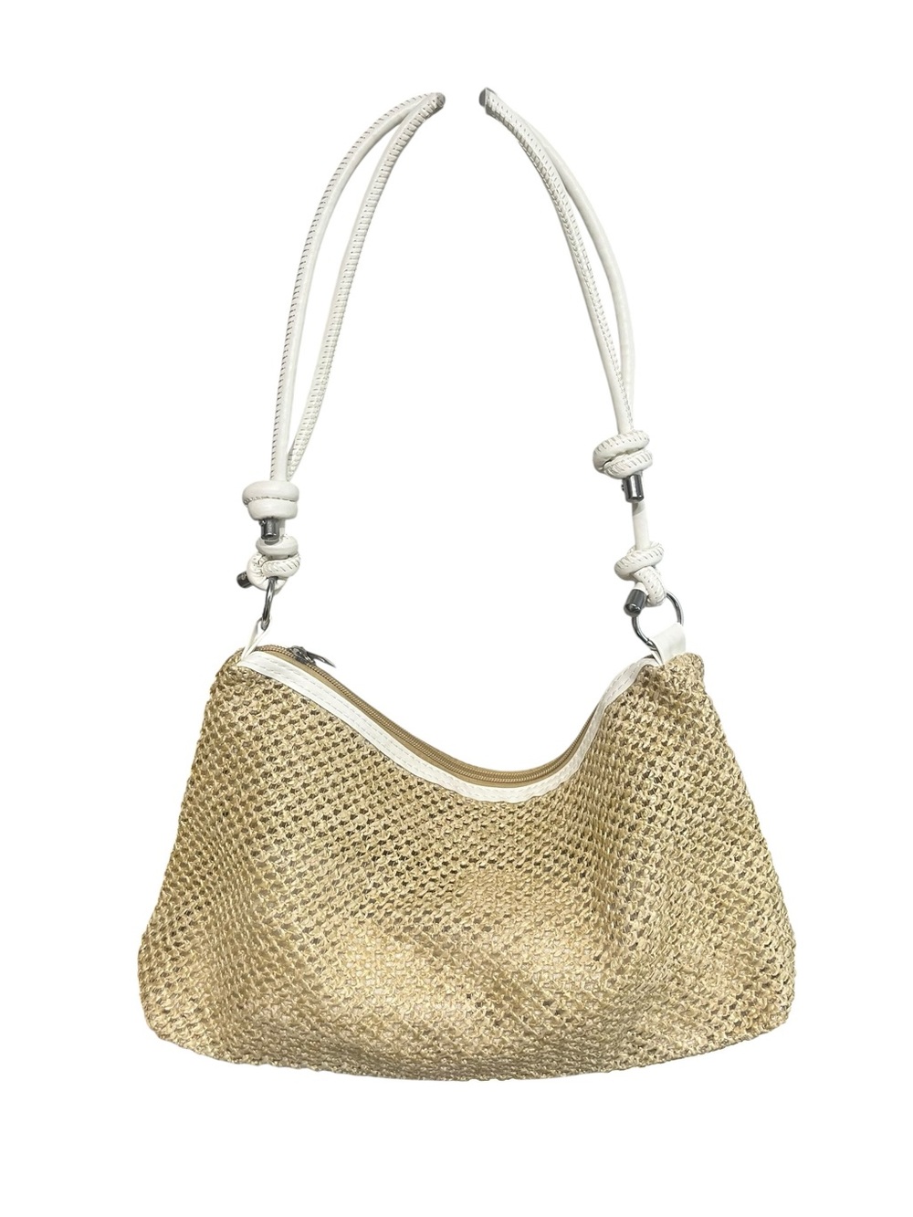 Woven Hand Bag w/Faux White Leather Straps